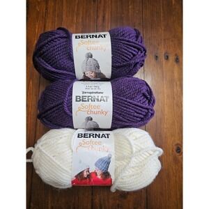 Bernat Softee Chunky Yarn Lot 3 Skeins Grape Purple Natural White Super Bulky 6